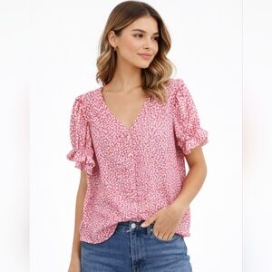 Women's Pink V-Neck Ruffle Sleeve Top